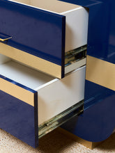 Load image into Gallery viewer, 1970’s Italian 2 Piece Post Modern Blue and Gold Hutch with Plinth Base
