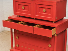 Load image into Gallery viewer, Vintage Mid Century Highboy Robot  Dresser in Poppy Red Orange
