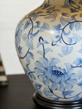Load image into Gallery viewer, Blue and White Floral Ceramic Table Lamp with Charcoal Shade
