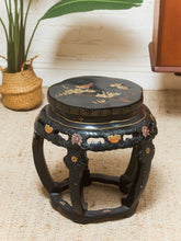 Load image into Gallery viewer, Vintage Black Lacquered Chinese Drum Table or Stool with Floral and Bird Motif
