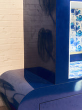 Load image into Gallery viewer, 1970’s Italian 2 Piece Post Modern Blue and Gold Hutch with Plinth Base
