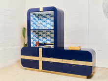 Load image into Gallery viewer, 1970’s Italian 2 Piece Post Modern Blue and Gold Hutch with Plinth Base
