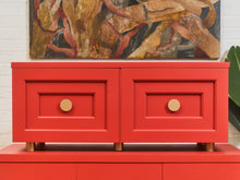 Load image into Gallery viewer, Vintage Mid Century Highboy Robot  Dresser in Poppy Red Orange
