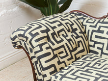 Load image into Gallery viewer, Vintage Victorian Chaise Lounge Sofa Carved Wood Frame in Kuba Maze Fabric
