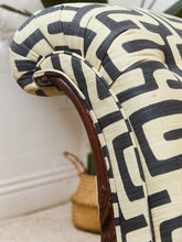 Load image into Gallery viewer, Vintage Victorian Chaise Lounge Sofa Carved Wood Frame in Kuba Maze Fabric
