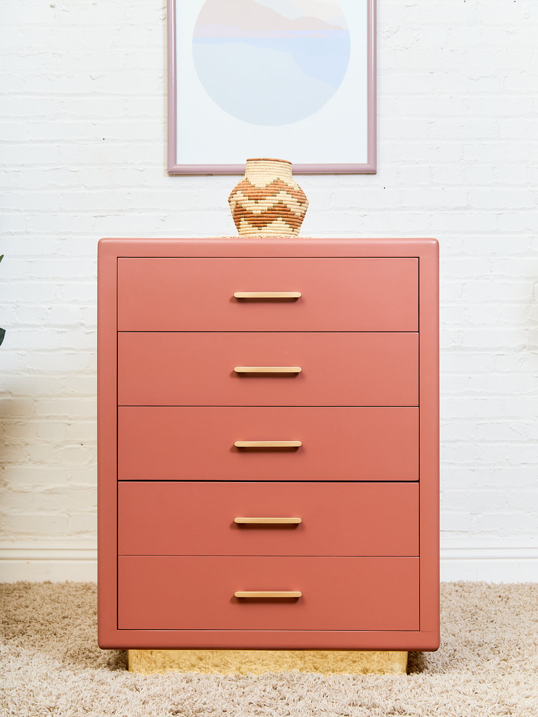 Corral Post Modern 5 drawer Highboy on a Plinth Base