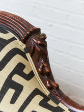 Load image into Gallery viewer, Vintage Victorian Chaise Lounge Sofa Carved Wood Frame in Kuba Maze Fabric
