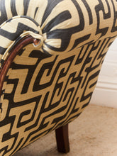 Load image into Gallery viewer, Vintage Victorian Chaise Lounge Sofa Carved Wood Frame in Kuba Maze Fabric
