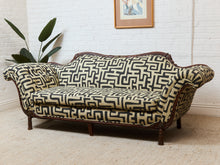 Load image into Gallery viewer, Vintage Victorian Chaise Lounge Sofa Carved Wood Frame in Kuba Maze Fabric
