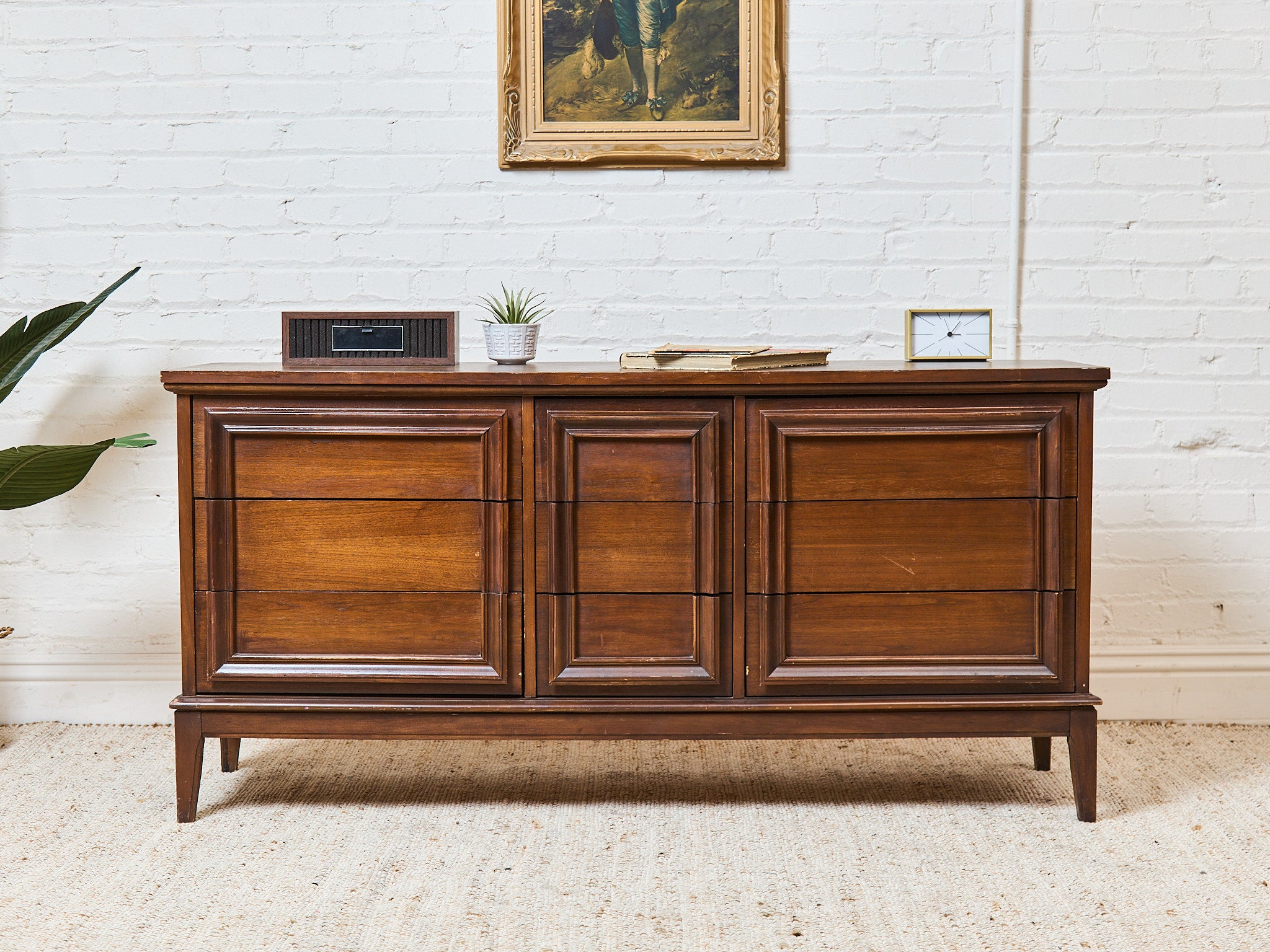 Nine Drawer, Mid-century Vintage Framed Walnut Dresser