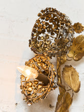 Load image into Gallery viewer, Midcentury Electric Tole Gold Gilt Sconce Leaf &amp; Hydrangea Design Att. Hans Kogl

