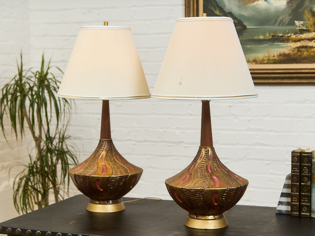 Pair of 1960s Sculptural Brass and Enamel Table Lamps