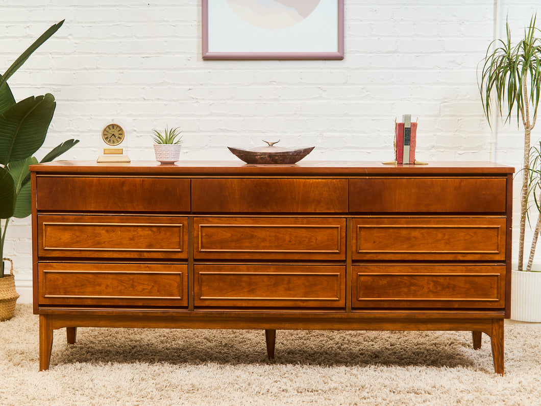 Walnut Mid Century 9 Drawer Dresser
