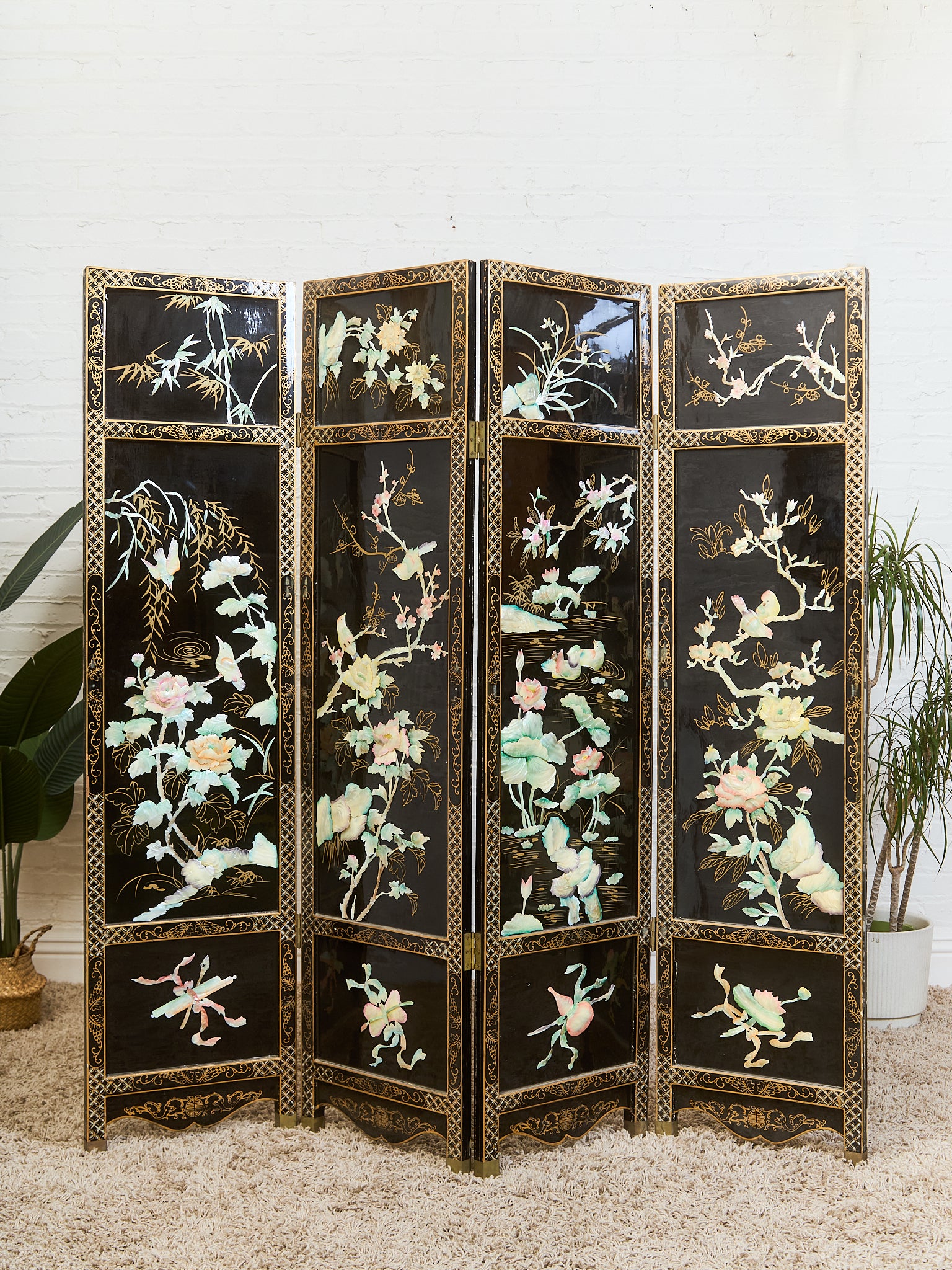 old fashioned dressing screen Italian Painted Four Panel Wood Screen Room Divider With Floral Decora –  Avery & Dash Collections main image 0
