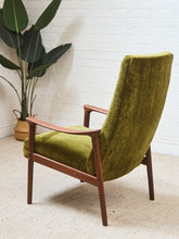 Load image into Gallery viewer, Solid Teak Westnofa Norway Olive Green Mohair Lounge Chair

