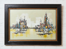 Load image into Gallery viewer, Mid-Century Modern Oil Painting featuring an abstract cityscape skyline Signed Art by Marty Dueng
