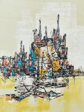 Load image into Gallery viewer, Mid-Century Modern Oil Painting featuring an abstract cityscape skyline Signed Art by Marty Dueng
