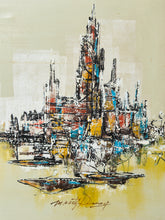 Load image into Gallery viewer, Mid-Century Modern Oil Painting featuring an abstract cityscape skyline Signed Art by Marty Dueng
