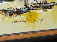 Load image into Gallery viewer, Mid-Century Modern Oil Painting featuring an abstract cityscape skyline Signed Art by Marty Dueng
