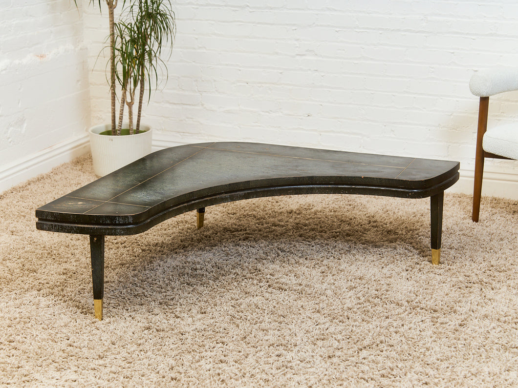 Curved Black Cerrused Distressed Coffee Table with Brass Accents