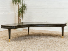 Load image into Gallery viewer, Curved Black Cerrused Distressed Coffee Table with Brass Accents
