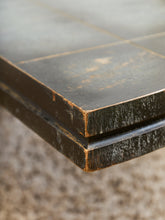 Load image into Gallery viewer, Curved Black Cerrused Distressed Coffee Table with Brass Accents
