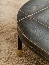 Load image into Gallery viewer, Curved Black Cerrused Distressed Coffee Table with Brass Accents
