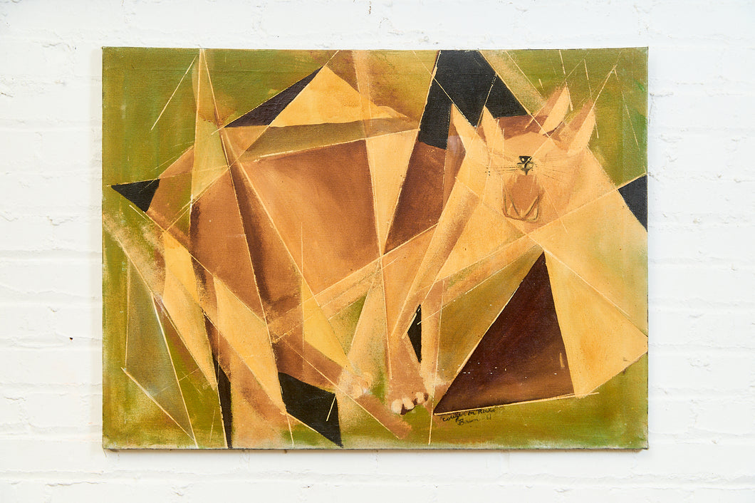 1961 Cubist Signed Painting Cougar on the Rocks