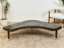 Load image into Gallery viewer, Curved Black Cerrused Distressed Coffee Table with Brass Accents
