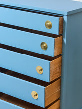 Load image into Gallery viewer, French blue 1950’s Highboy Dresser
