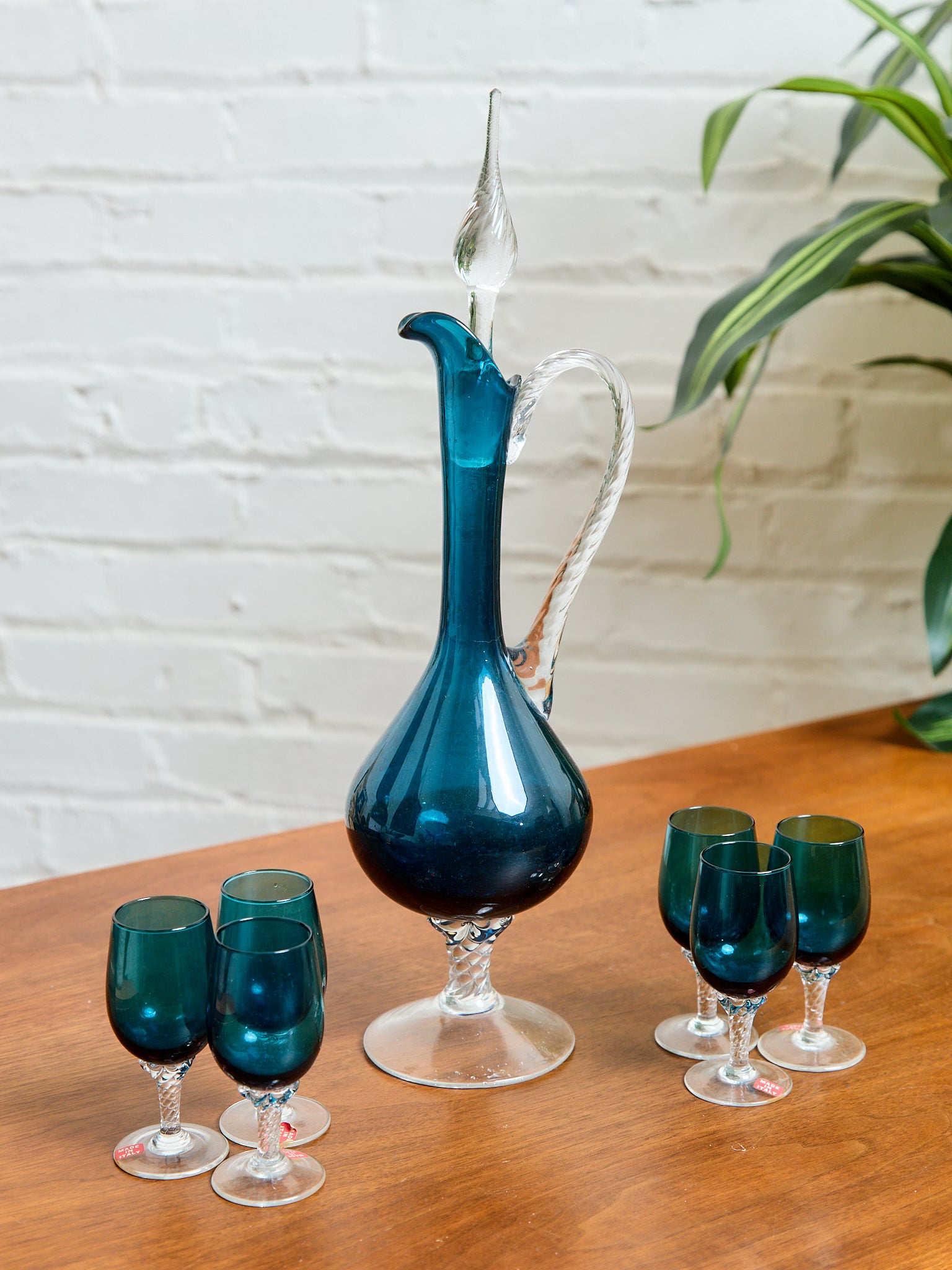 Teal Empoli Italian Glass Decanter and 6 Glasses  Sunbeam Vintage