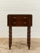 Load image into Gallery viewer, Antique Cherry Sheraton Side End Table Drop Leaf Drawers Bobbin Leg American Wild Cherry Cabinet Nightstand
