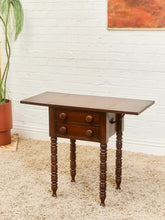 Load image into Gallery viewer, Antique Cherry Sheraton Side End Table Drop Leaf Drawers Bobbin Leg American Wild Cherry Cabinet Nightstand
