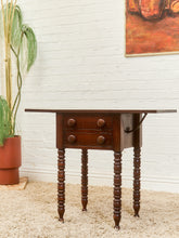 Load image into Gallery viewer, Antique Cherry Sheraton Side End Table Drop Leaf Drawers Bobbin Leg American Wild Cherry Cabinet Nightstand
