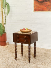 Load image into Gallery viewer, Antique Cherry Sheraton Side End Table Drop Leaf Drawers Bobbin Leg American Wild Cherry Cabinet Nightstand
