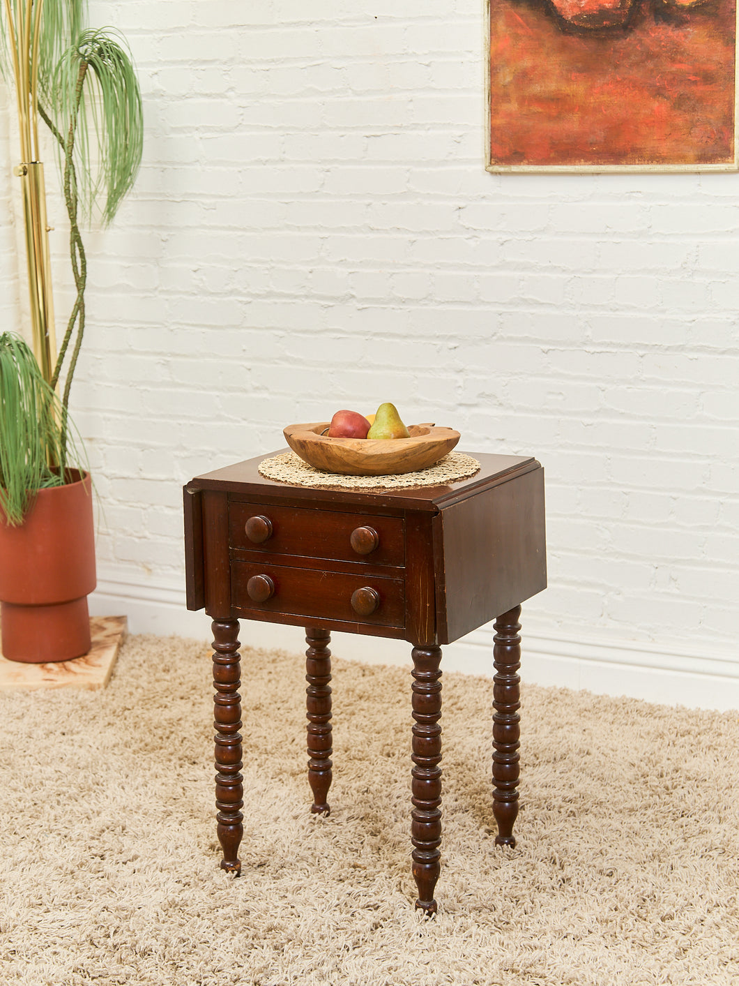 Antique Cherry Sheraton Side End Table Drop Leaf Drawers Bobbin Leg American Wild Cherry Cabinet Nightstand