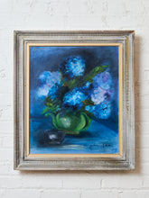 Load image into Gallery viewer, Vintage Mid Century Blue Hydrangeas in a Green Vase Signed Helen 1967
