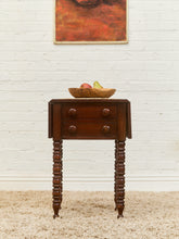 Load image into Gallery viewer, Antique Cherry Sheraton Side End Table Drop Leaf Drawers Bobbin Leg American Wild Cherry Cabinet Nightstand
