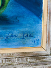 Load image into Gallery viewer, Vintage Mid Century Blue Hydrangeas in a Green Vase Signed Helen 1967
