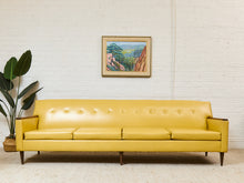 Load image into Gallery viewer, Yellow Vintage Sofa with Wood Arms
