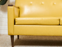 Load image into Gallery viewer, Yellow Vintage Sofa with Wood Arms

