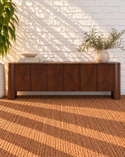 Load image into Gallery viewer, Carson six-door natural brown elm wood credenza with rich wood grain, concealed interior shelving, and rounded architectural end supports.

