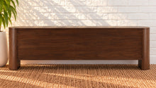 Load image into Gallery viewer, Carson six-door natural brown elm wood credenza with rich wood grain, concealed interior shelving, and rounded architectural end supports.

