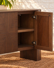 Load image into Gallery viewer, Carson six-door natural brown elm wood credenza with rich wood grain, concealed interior shelving, and rounded architectural end supports.


