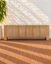 Load image into Gallery viewer, Carson six-door natural elm wood credenza with patterned wood grain, concealed shelving, and rounded architectural end supports.

