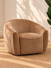 Load image into Gallery viewer, Carter camel chenille swivel accent chair with rounded wraparound back, plush seat cushion, and sculptural upholstered silhouette.
