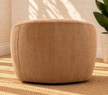 Load image into Gallery viewer, Carter camel chenille swivel accent chair with rounded wraparound back, plush seat cushion, and sculptural upholstered silhouette.
