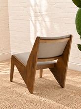 Load image into Gallery viewer, Pair of Catalina warm brown wood lounge chairs with neutral upholstered seats and angular tapered frames
