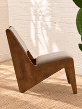 Load image into Gallery viewer, Pair of Catalina warm brown wood lounge chairs with neutral upholstered seats and angular tapered frames
