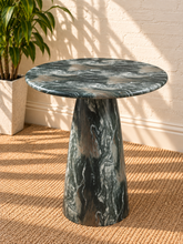 Load image into Gallery viewer, Celine round counter table in Sage green marble-look concrete with a sculptural tapered pedestal base and richly veined finish.
